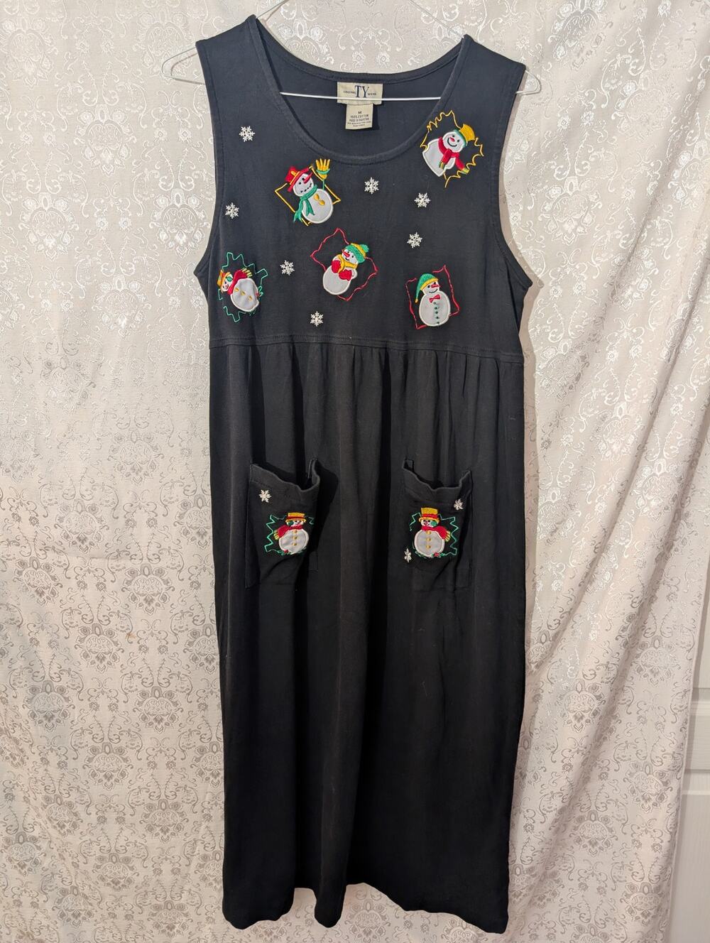 Vintage 90s TY Wear Christmas Snowman Jumper Dress Medium Black Pocket